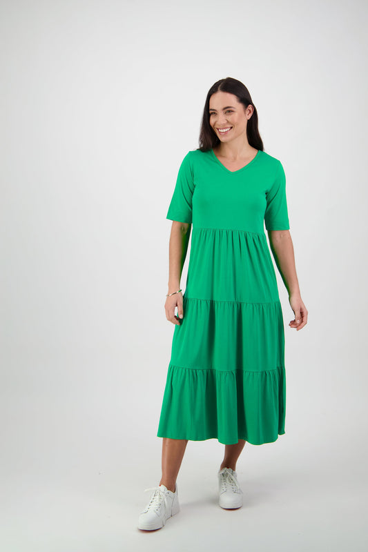 Vassalli V Neck Short Sleeve Tiered Dress - Kelly Green