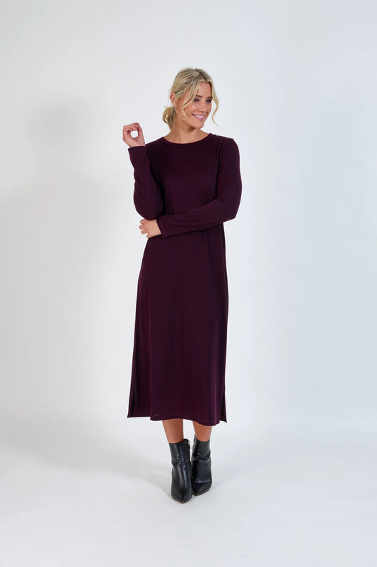 Vassalli Merino Round Neck Long Sleeve Dress with Tie Back - Mulberry