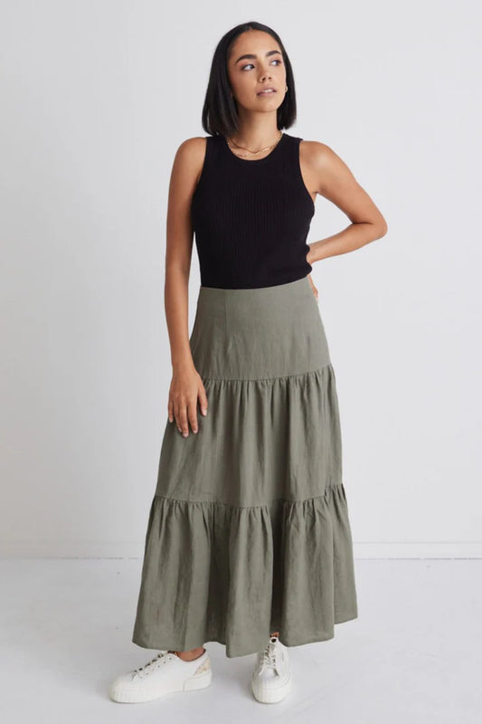 Blazing Moss Tiered Linen Midi Skirt - Moss